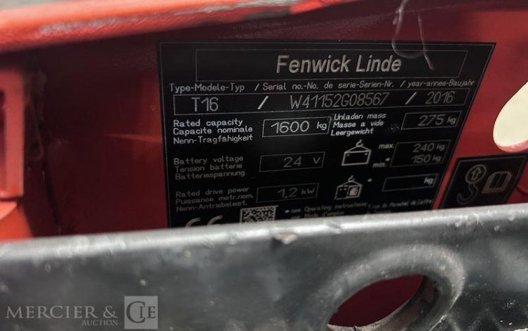 FENWICK TRANSPALETTE ELECTRIQUE T61 – CAP 1T6 – AN 2016 – 3955 HEURES ROUGE G08567