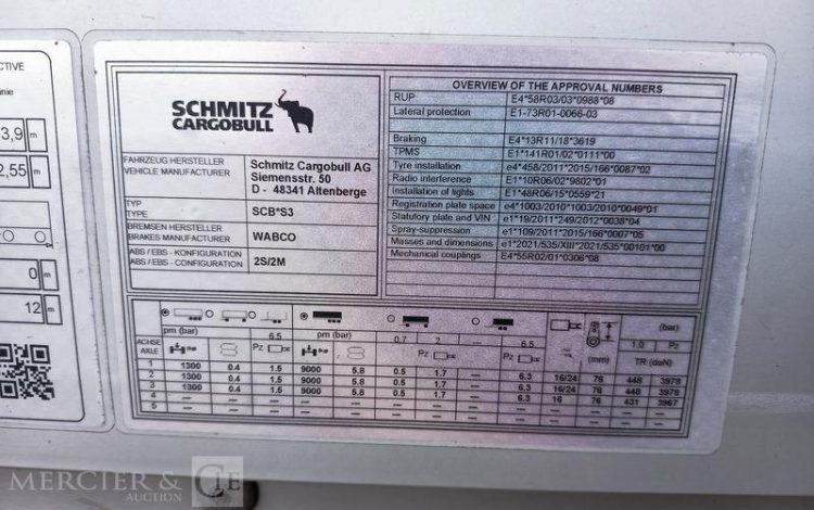 SCHMITZ SEMI REMORQUE SCB S3 BACHEE 3 ESSIEUX – PTAC 38 TONNES – 320090 KMS – ANNEE 2024  GY-149-DJ