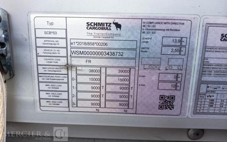 SCHMITZ SEMI REMORQUE SCB S3 BACHEE 3 ESSIEUX – PTAC 38 TONNES – 320090 KMS – ANNEE 2024  GY-149-DJ