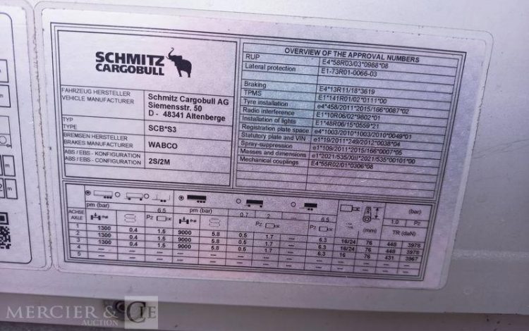 SCHMITZ SEMI REMORQUE SCB S3 BACHEE 3 ESSIEUX – PTAC 38 TONNES – 319249 KMS – ANNEE 2024  GY-641-BW