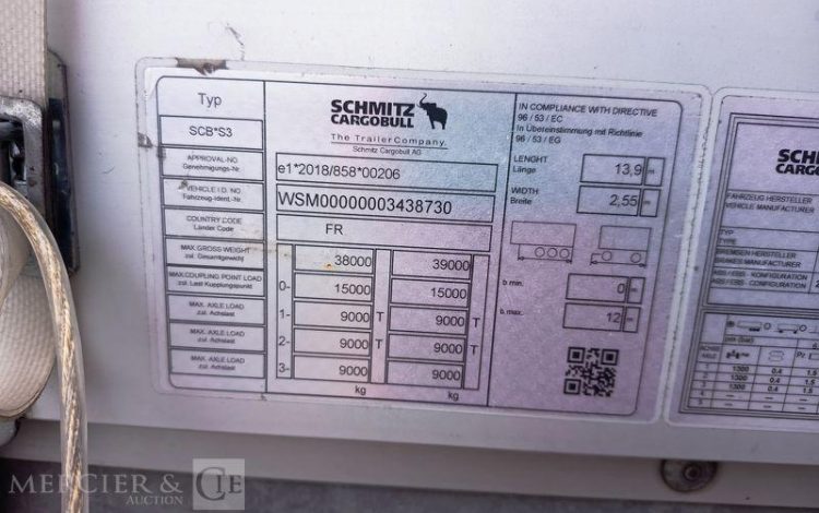 SCHMITZ SEMI REMORQUE SCB S3 BACHEE 3 ESSIEUX – PTAC 38 TONNES – 319249 KMS – ANNEE 2024  GY-641-BW