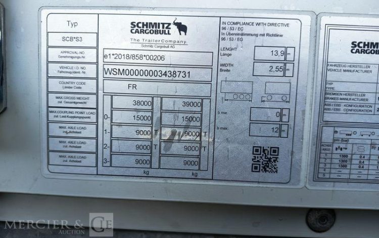 SCHMITZ CARGOBULL SEMI REMORQUE SCB S3 BACHEE 3 ESSIEUX – PTAC 38 TONNES – 258561 KMS – ANNEE 2024  GY-976-CR