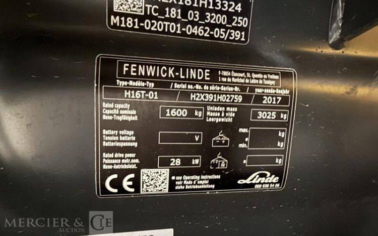 FENWICK CHARIOT ELEVATEUR H16T-01 – CAP 1T600 – AN 2017 – 4633 HEURES ORA H02759