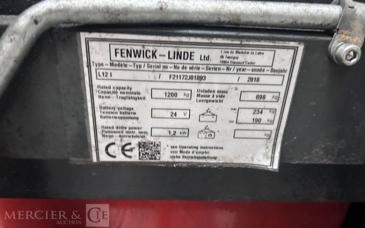 FENWICK GERBEUR ELECTRIQUE L12 I – CAP 1T2 – AN 2018 – 1925 HEURES ROUGE J01893