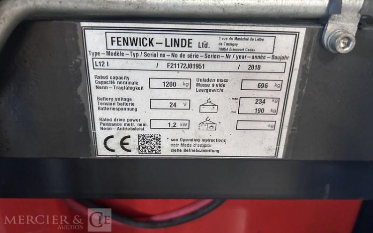 FENWICK GERBEUR ELECTRIQUE L12 I – CAP 1T2 – AN 2018 – 1183 HEURES ROUGE J01951