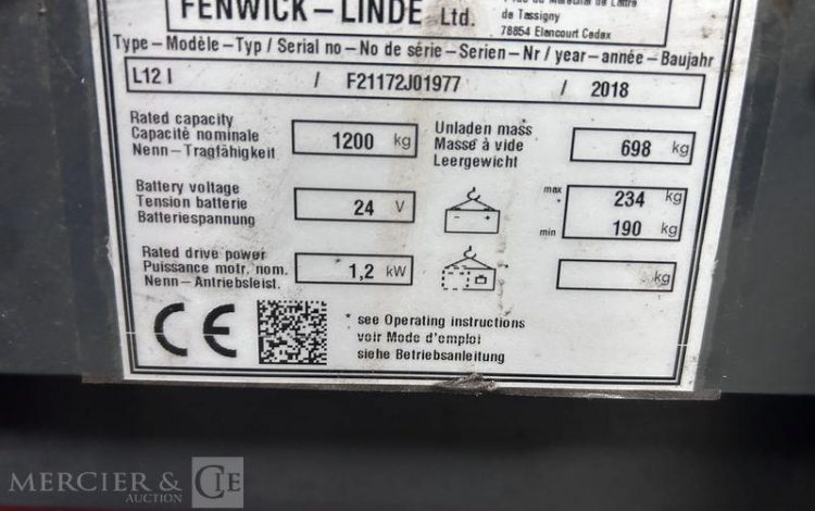 FENWICK GERBEUR ELECTRIQUE L12 I – CAPT 1T2 – AN 2018 – 1727 HEURES ROUGE J01977