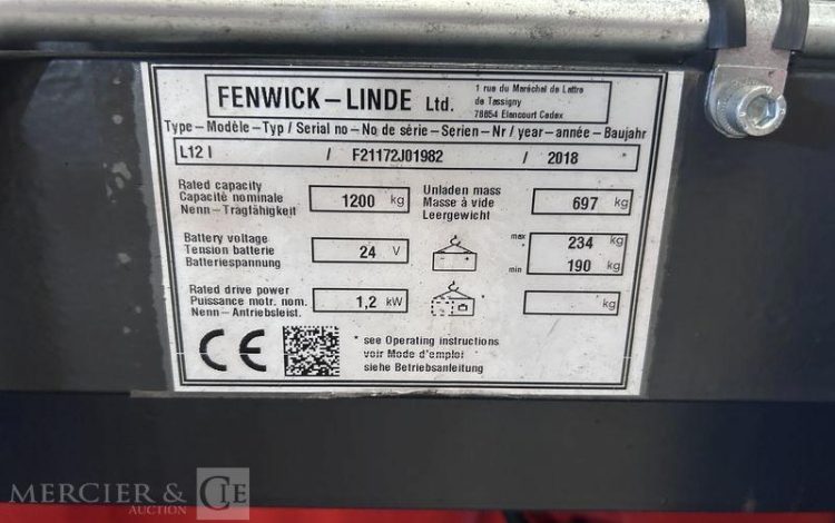 FENWICK GERBEUR ELECTRIQUE L12 I – CAP 1T2 – AN 2018 – 1828 HEURES ROUGE J01982