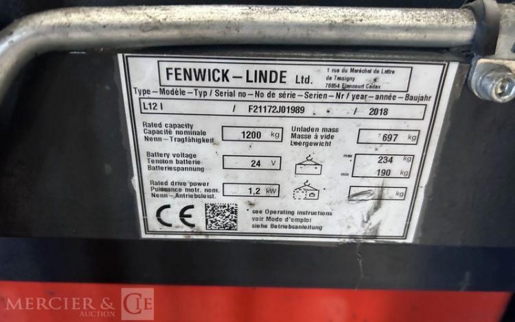 FENWICK GERBEUR ELECTRIQUE L12 I – CAP 1T2 – AN 2018 – 1952 HEURES ROUGE J01989