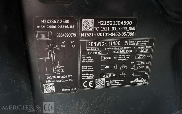 FENWICK CHARIOT ELEVATEUR ELEC E20PH-02 – AN 2018 – 8274 HEURES ROUGE J12580