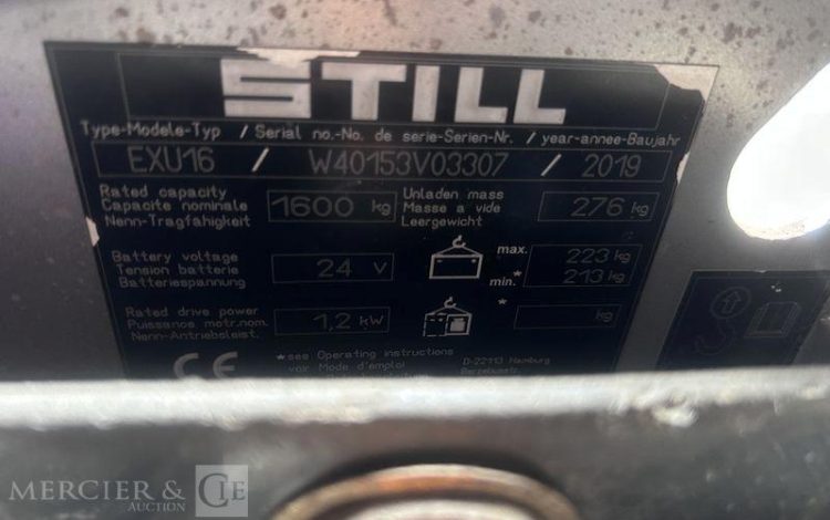 STILL TRANSPALETTE ELECTRIQUE EXU16 – CAP 1T6 – AN 2019 – 4365 HEURES GRIS V03307