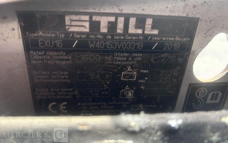 STILL TRANSPALETTE ELECTRIQUE EXU16 – CAP T16 – AN 2019 – 3865 HEURES JAUNE V03319