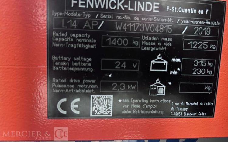 FENWICK GERBEUR ELECTRIQUE L14 AP – CAP 1T4 – AN 2019 – 772 HEURES ROUGE V04815