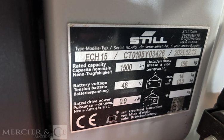 STILL TRANSPALETTE ELECTRIQUE ECH15 – CAP 1T5 – AN 2021 – 92 HEURES ORA Y03426