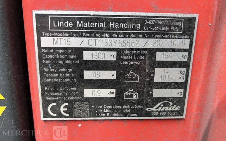 LINDE TRANSPALETTE ELECTRIQUE M15 –  – CAP 1T5 – AN 2021 – 577 HEURES ROUGE Y65582