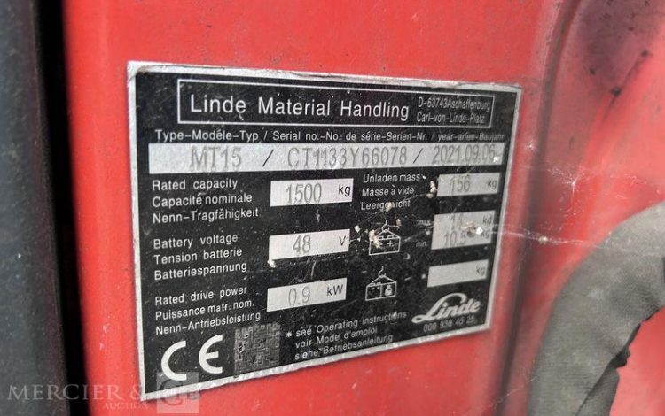 LINDE TRANSPALETTE ELECTRIQUE MT15 – CAP 1T5 – AN 2021 ROUGE Y66078
