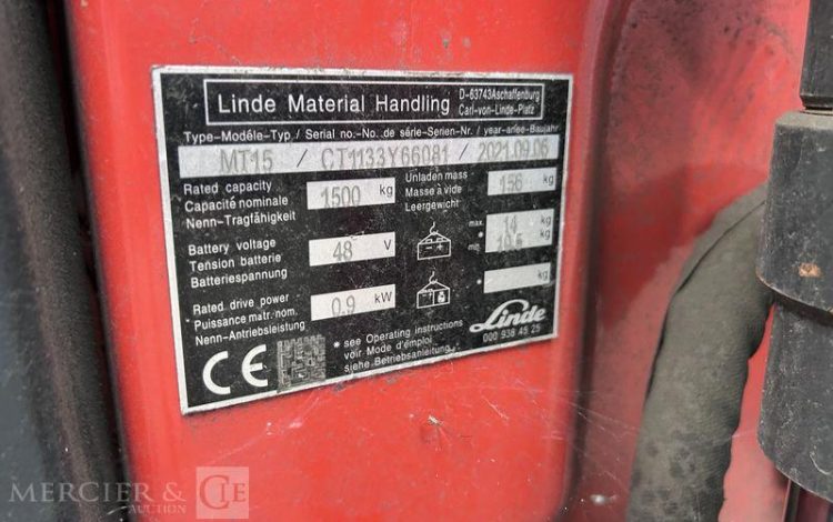 LINDE TRANSPALETTE ELECTRIQUE MT 15 – CAP 1T5 – AN 2021 ROUGE Y66081