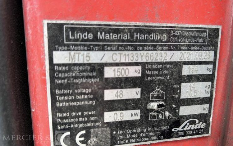 LINDE TRANSPALETTE ELECTRIQUE MT15 – CAP 1T5 – AN 2021 – 180 HEURES ROUGE Y66232