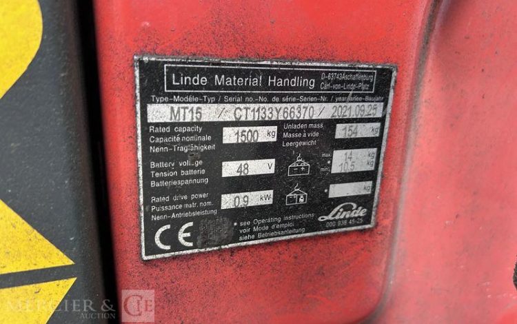 LINDE TRANSPALETTE ELECTRIQUE MT15  – CAP 1T5 – AN 2021 – 580 HEURES ROUGE Y66370