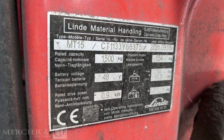 LINDE TRANSPALETTE ELECTRIQUE MT15 – CAP 1T5 – AN 2021 ROUGE Y66375