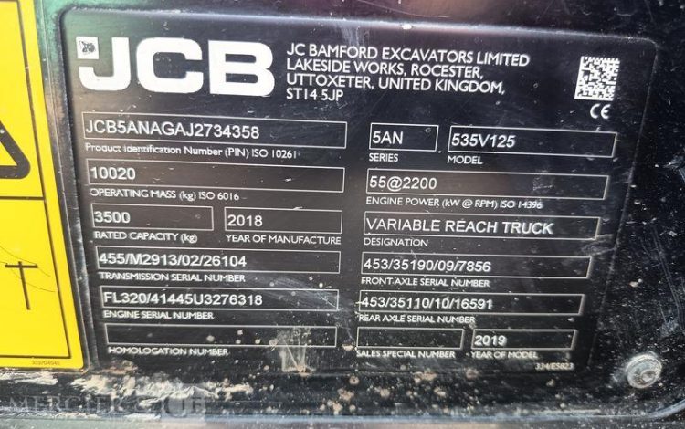 JCB CHARIOT TELESCOPIQUE 535V125 – DIESEL –  3,5 T – 12,27 M – 2226 HEURES – AN 2018  34358