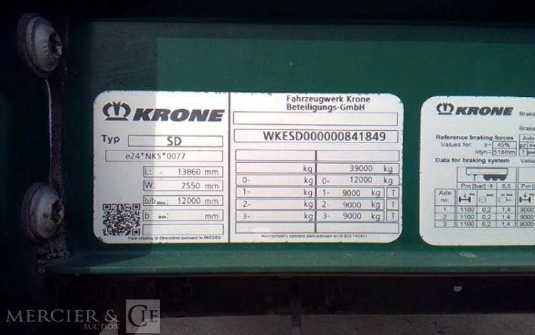 KRONE SEMI REMORQUE BACHE 3 ESSIEUX PTAC 38T  EY-953-RH