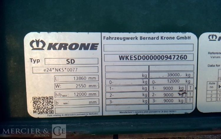 KRONE SEMI REMORQUE BACHE – 3 ESSIEUX – PTAC 38T  FV-855-PG