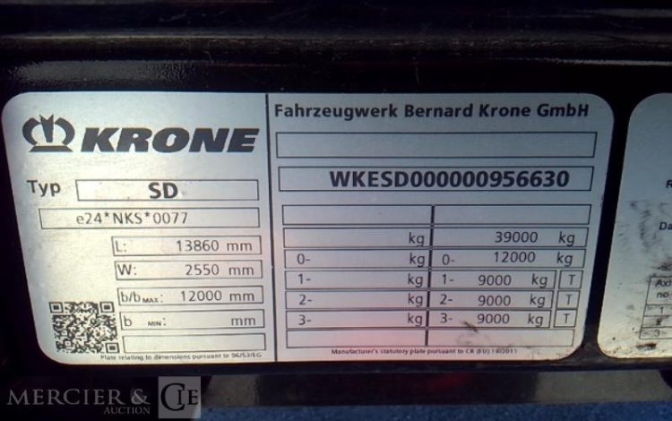 KRONE SEMI REMORQUE BACHE – 3 ESSIEUX – PTAC 38T  FW-068-LK