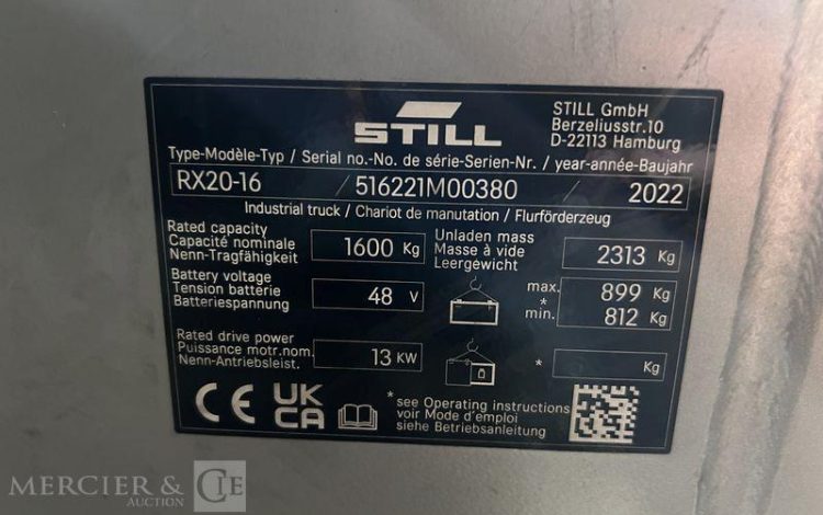 STILL CHARIOT ELEVATEUR RX20-16 – CAP 1T6 – AN 2022 ORA M00380