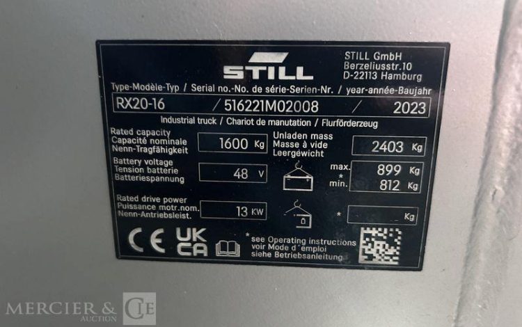 STILL CHARIOT ELEVATEUR RX20-16 – CAP 1T6 – AN 2023 – HEURES ORA M02008