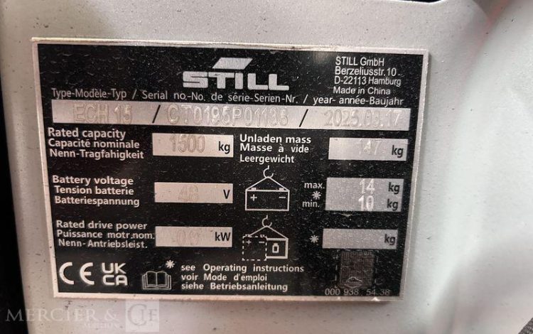 STILL TRANSPALETTE ELECTRIQUE ECH15- CAP 1T5 – AN 2025 – 45 HEURES ORA P01138
