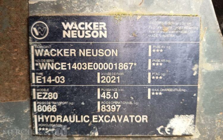 WACKER NEUSON PELLE SUR CHENNILLES EZ80 8,4 TONNES – DIESEL -1832 HEURES –  ANNEE 2021  WN01867