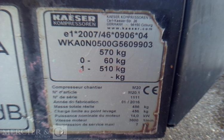 KAESER COMPRESSEUR D AIR M20 – 2000L – 7 BARS – 1077H – 1 ESSIEU -¨PTAC 570KG – AN2016  DY-491-ZL