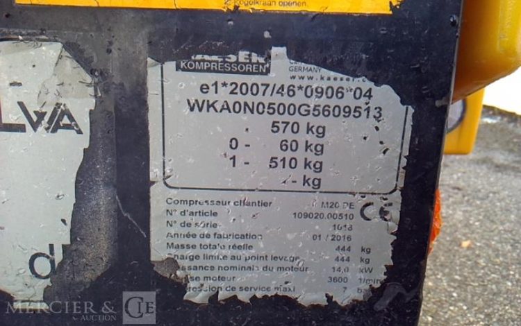 KAESER COMPRESSEUR D AIR M20 2000L – 7 BARS – 1395H – 1 ESSIEU – PTAC 570KG – AN2016  DZ-698-WN