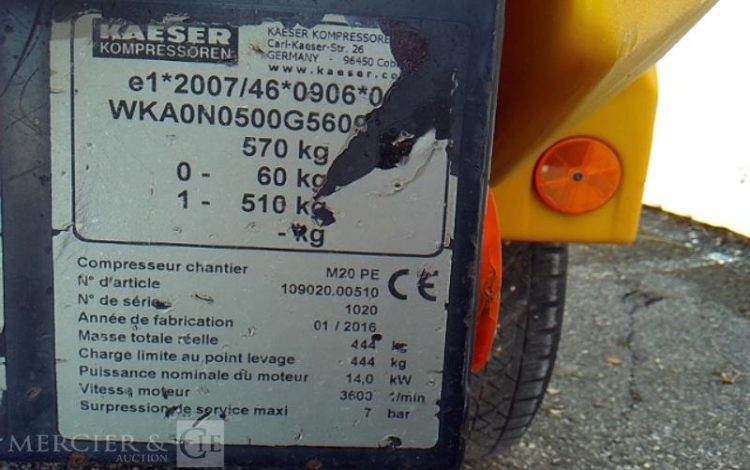 KAESER COMPRESSEUR D AIR M20 – 2000L – 7BARS – 891H – 1 ESSIEU – PTAC 570KG – AN2016  DZ-868-WK