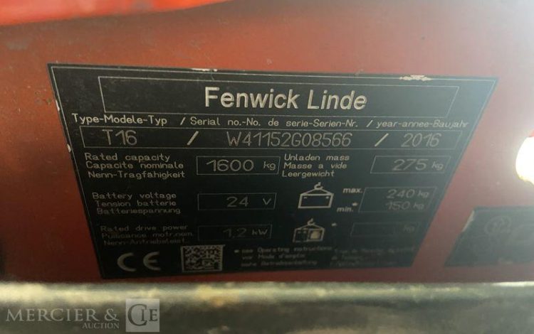 FENWICK TRANSPALETTE ELECTRIQUE T16 – CAP 1T6 – AN 2016 – 2490 HEURES ROUGE G08566