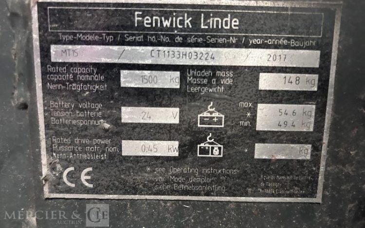 FENWICK TRANSPALETTE ELECTRIQUE MT15 – CAP 1T5 – AN 2017 ROUGE H03224
