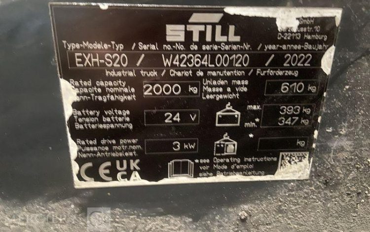 STILL TRANSPALETTE ELECTRIQUE EXH-S20- CAP 2T0 – AN 2022 – 1454 HEURES ORA L00120