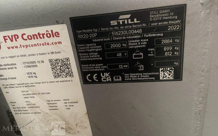 STILL CHARIOT ELEVATEUR ELECTRIQUE -CAP 2T – AN 2022 – 1070 HEURES ORA L00448