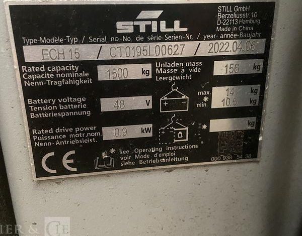 STILL TRANSPALETTE ELECTRIQUE ECH 15 -CAP 1T5 – AN 2022  258 HEURES ORA L00627