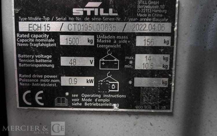 STILL TRANSPALETTE ELECTRIQUE ECH 15 -CAP 1T5 – AN 2022 – 492 HEURES ORA L00635