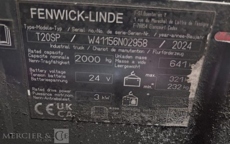 FENWICK TRANSPALETTE ELECTRIQUE T20SP – CAP 2T -AN 2024 – 1125 HEURES ROUGE N02958