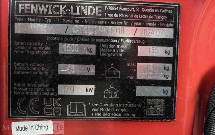 FENWICK TRANSPALETTE ELECTRIQUE MT15 – CAP 1T5 – AN 2024 – 102 HEURES ROUGE N64018
