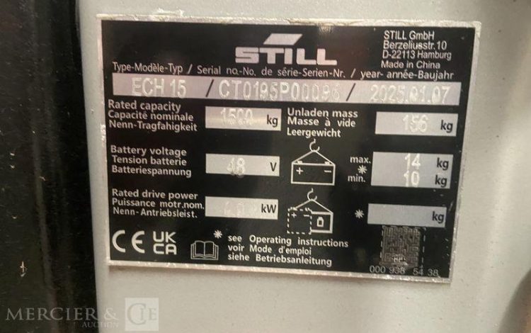 STILL TRANSPALETTE ELECTRIQUE ECH 15 -CAP 1T5 – AN 2025 – 109 HEURES ORA P00096