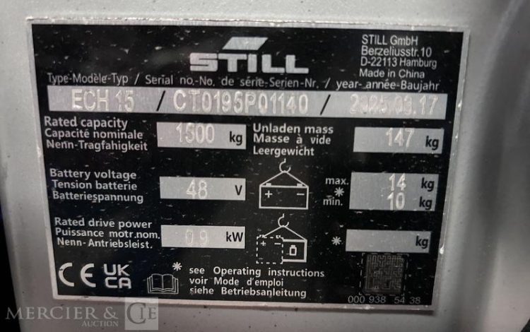 STILL TRANSPALETTE ELECTRIQUE ECH 15 -CAP 1T5 – AN 2025 – 49 HEURES ORA P01140