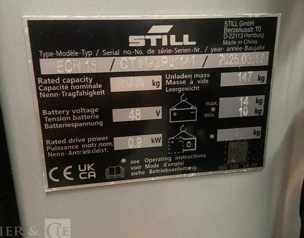 STILL TRANSPALETTE ELECTRIQUE ECH 15 – CAP 1T5 – AN 2025 – 53 HEURES ORA P01141