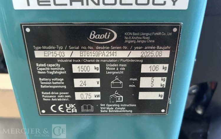 BAOLI TRANSPALETTE ELECTRIQUE P15-03 – CAP 1T5 – AN 2025 BLEU PA2141