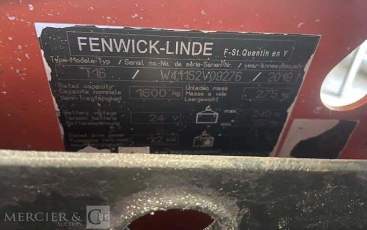 FENWICK TRANSPALETTE ELECTRIQUE T16 -CAP 1T6 – AN 2019 – 1734 HEURES ROUGE V09276