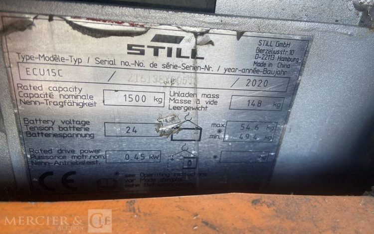STILL TRANSPALETTE ELECTRIQUE ECU15C – CAP 1T5 – AN 2020 ORA X00573