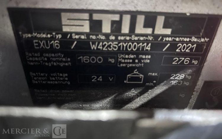 STILL TRANSPALETTE ELECTRIQUE EXU16 -CAP 1T6 – AN 2021 – 2109 HEURES ORA Y00114