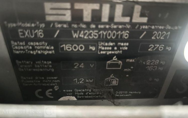 STILL TRANSPALETTE ELECTRIQUE EXU16 -CAP 1T6 – AN 2021 – 1362 HEURES ORA Y00116